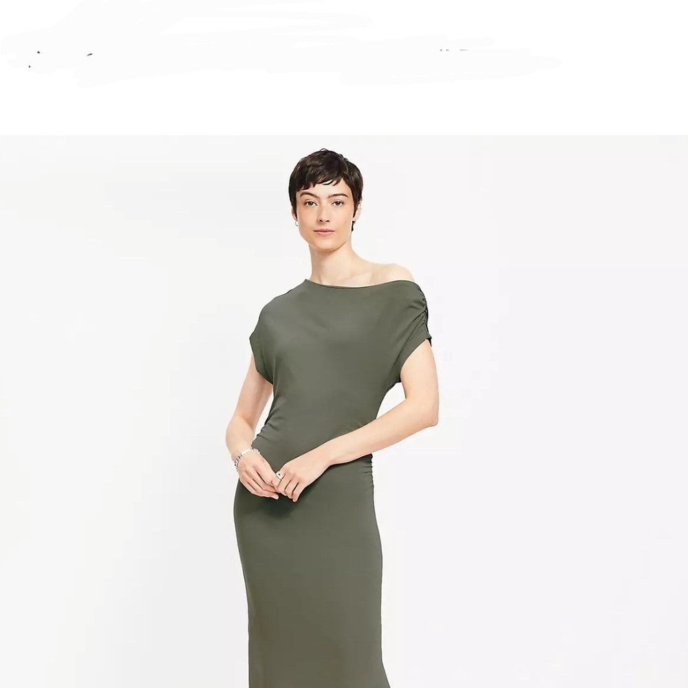 LOFT Olive Green One-Shoulder Long Sleeve Midi Dress